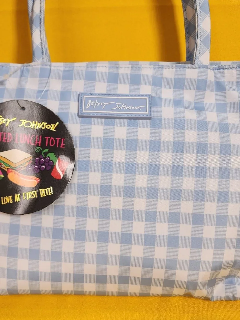 Betsey Johnson Blue and White Gingham Insulated Lunch Tote Bag NEW